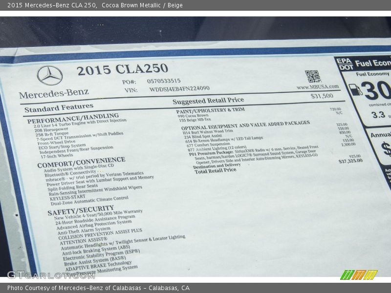  2015 CLA 250 Window Sticker