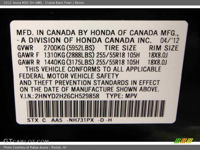Crystal Black Pearl / Ebony 2012 Acura MDX SH-AWD