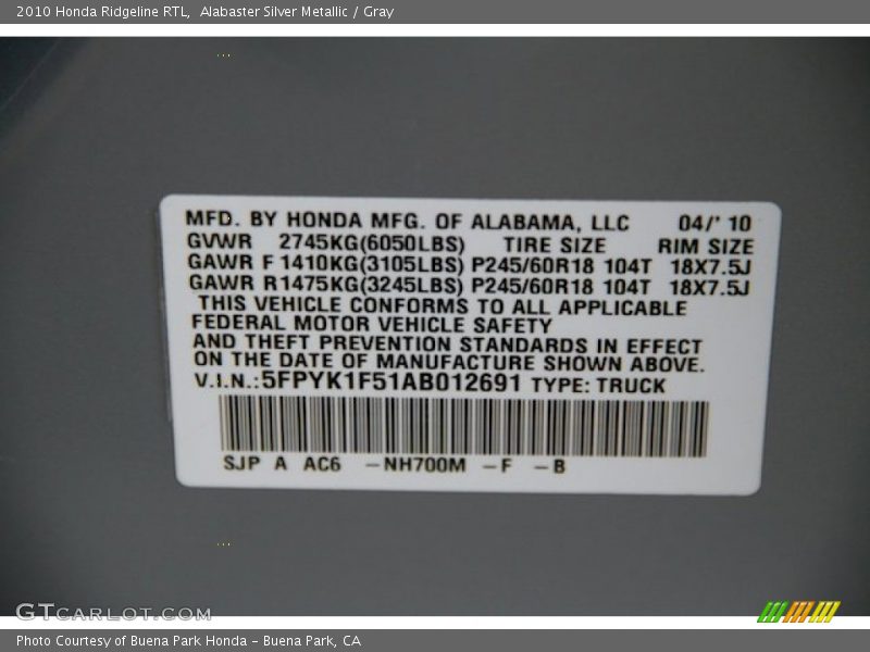 Alabaster Silver Metallic / Gray 2010 Honda Ridgeline RTL