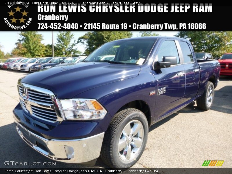 Blue Streak Pearl / Black/Diesel Gray 2016 Ram 1500 Big Horn Quad Cab 4x4