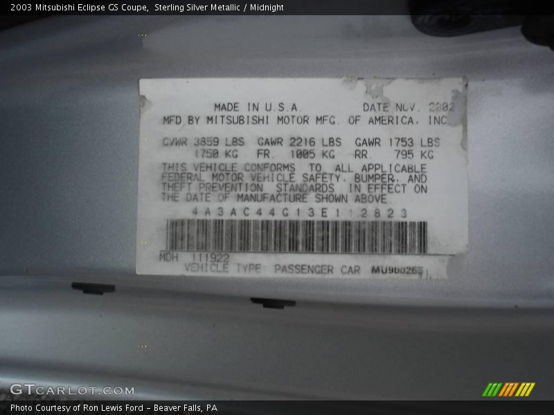 Sterling Silver Metallic / Midnight 2003 Mitsubishi Eclipse GS Coupe