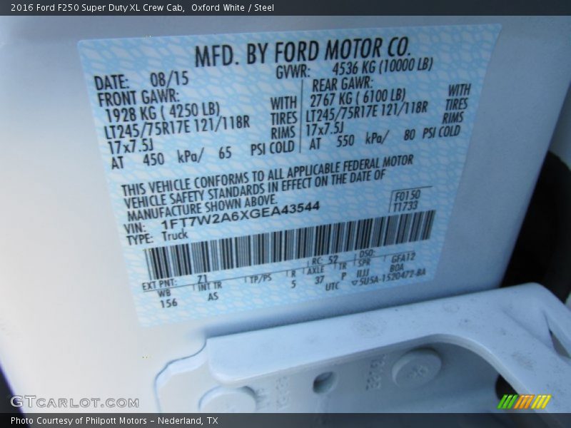 2016 F250 Super Duty XL Crew Cab Oxford White Color Code Z1