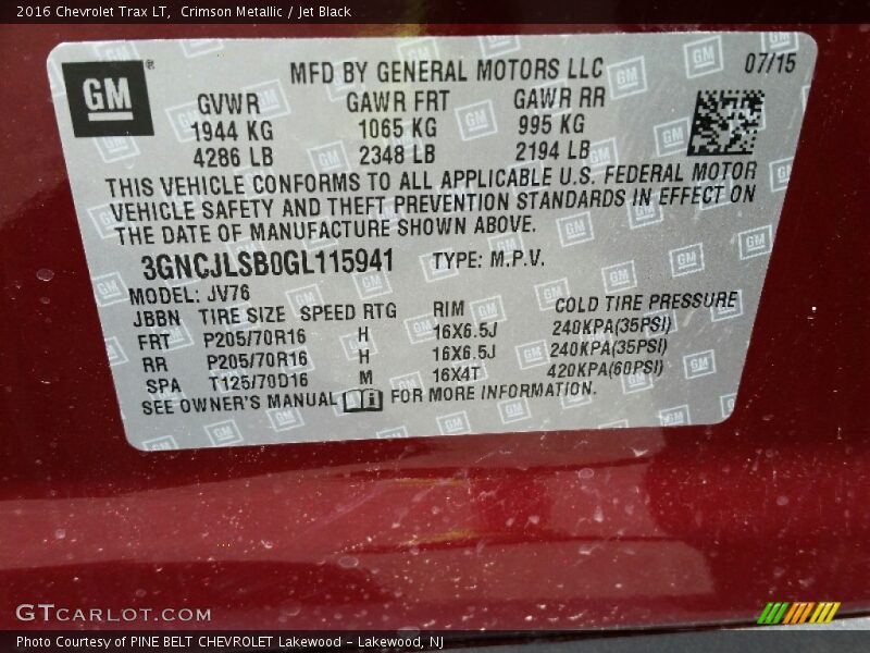 Crimson Metallic / Jet Black 2016 Chevrolet Trax LT