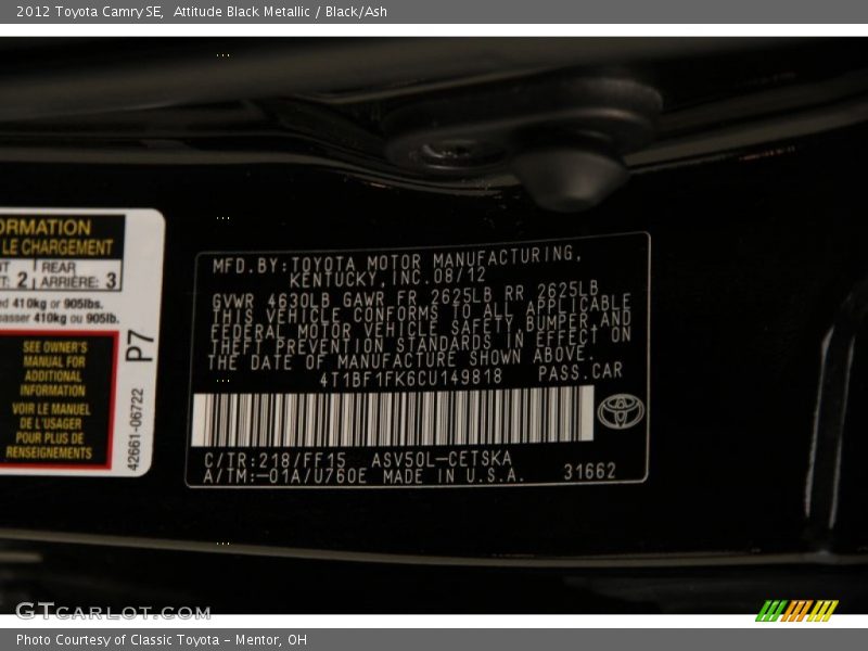 Attitude Black Metallic / Black/Ash 2012 Toyota Camry SE