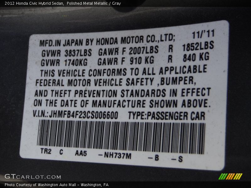 Polished Metal Metallic / Gray 2012 Honda Civic Hybrid Sedan