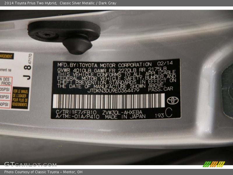Classic Silver Metallic / Dark Gray 2014 Toyota Prius Two Hybrid