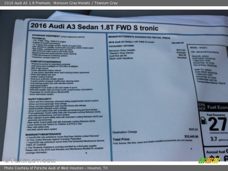 Monsoon Gray Metallic / Titanium Gray 2016 Audi A3 1.8 Premium
