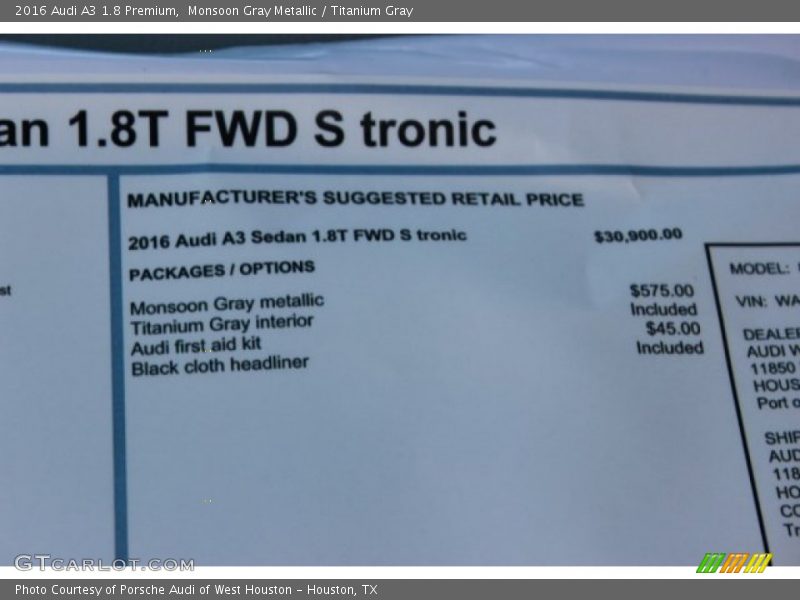 Monsoon Gray Metallic / Titanium Gray 2016 Audi A3 1.8 Premium