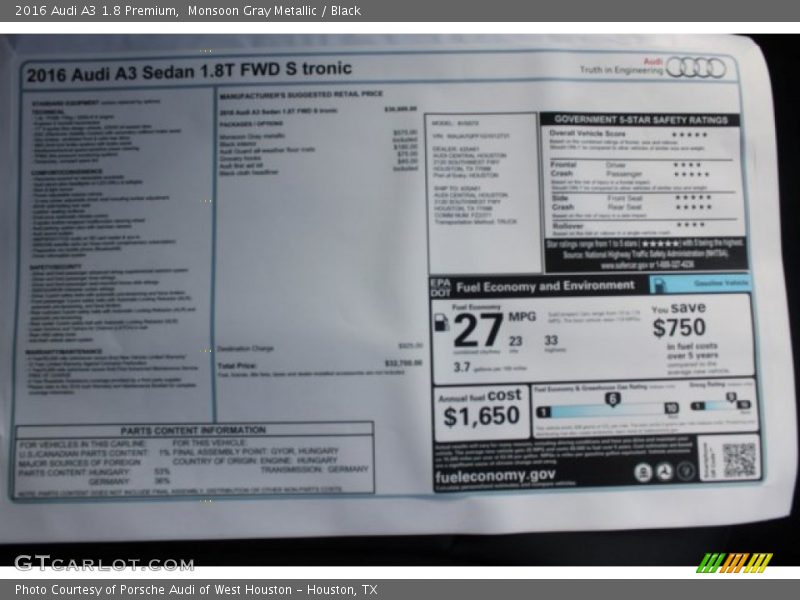 Monsoon Gray Metallic / Black 2016 Audi A3 1.8 Premium