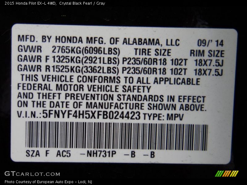 Crystal Black Pearl / Gray 2015 Honda Pilot EX-L 4WD