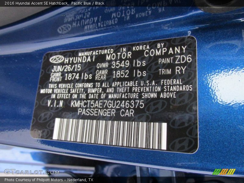 2016 Accent SE Hatchback Pacific Blue Color Code ZD6