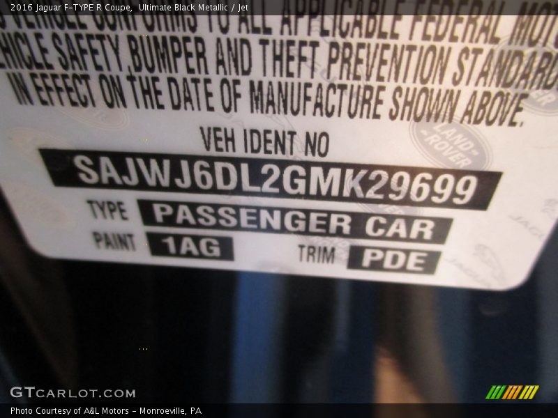 2016 F-TYPE R Coupe Ultimate Black Metallic Color Code 1AG