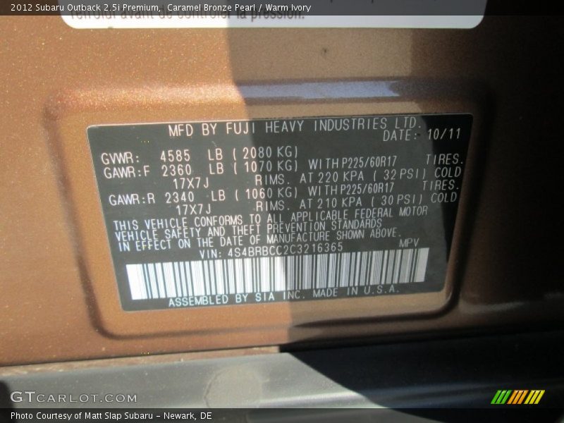 Caramel Bronze Pearl / Warm Ivory 2012 Subaru Outback 2.5i Premium