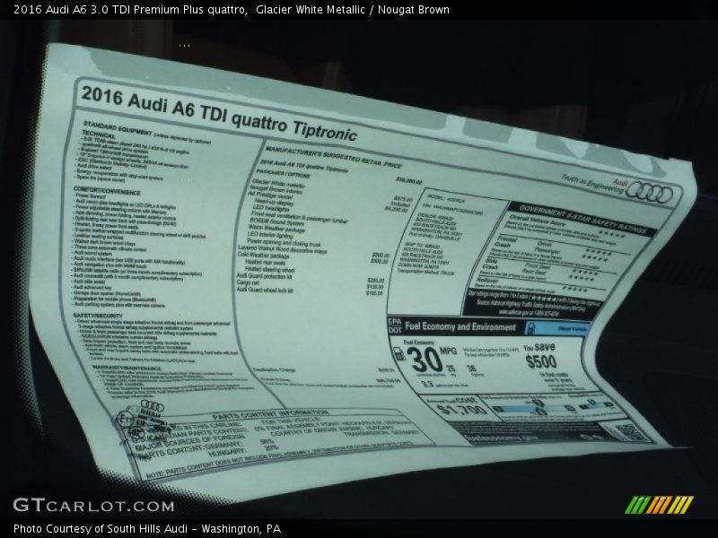 Glacier White Metallic / Nougat Brown 2016 Audi A6 3.0 TDI Premium Plus quattro