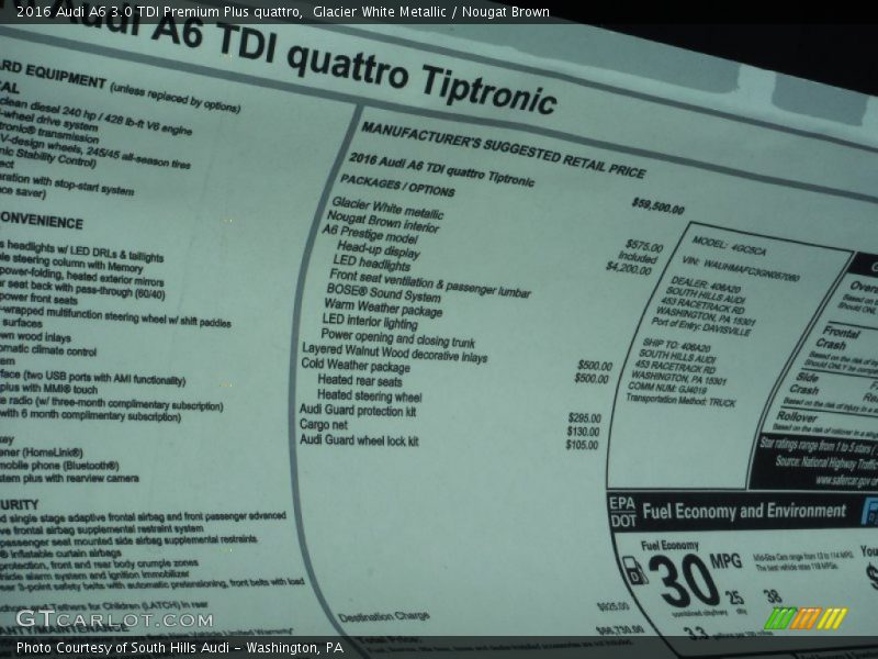 Glacier White Metallic / Nougat Brown 2016 Audi A6 3.0 TDI Premium Plus quattro
