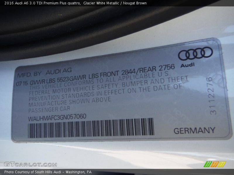 Glacier White Metallic / Nougat Brown 2016 Audi A6 3.0 TDI Premium Plus quattro