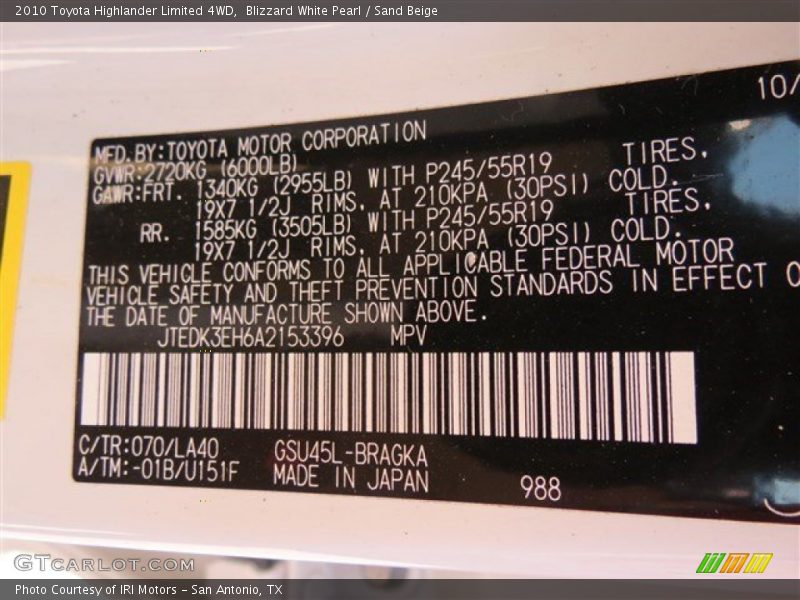 Blizzard White Pearl / Sand Beige 2010 Toyota Highlander Limited 4WD