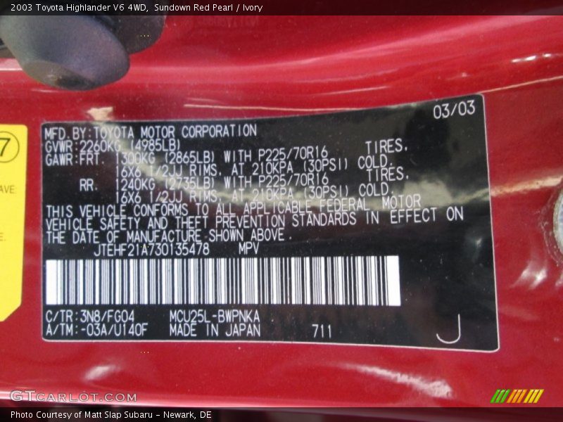 2003 Highlander V6 4WD Sundown Red Pearl Color Code 3N8