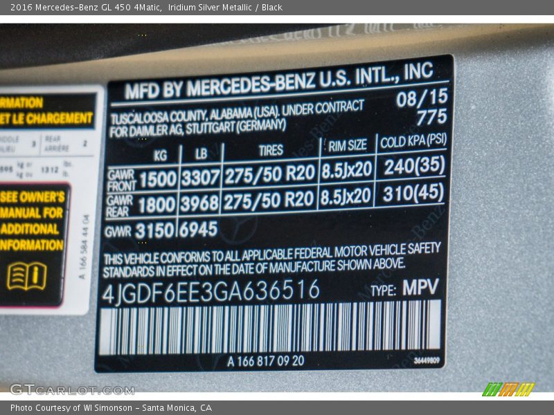 2016 GL 450 4Matic Iridium Silver Metallic Color Code 775