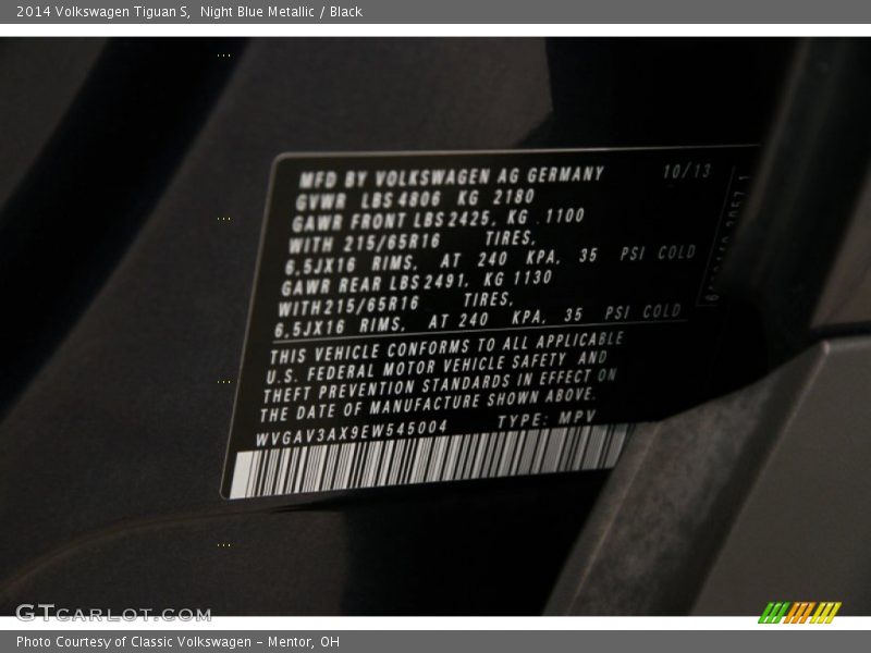 Night Blue Metallic / Black 2014 Volkswagen Tiguan S