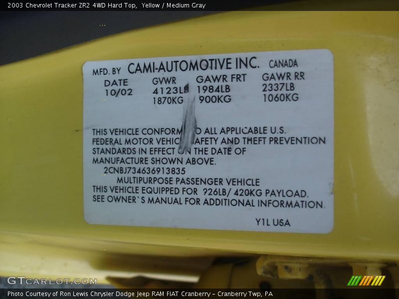 Yellow / Medium Gray 2003 Chevrolet Tracker ZR2 4WD Hard Top