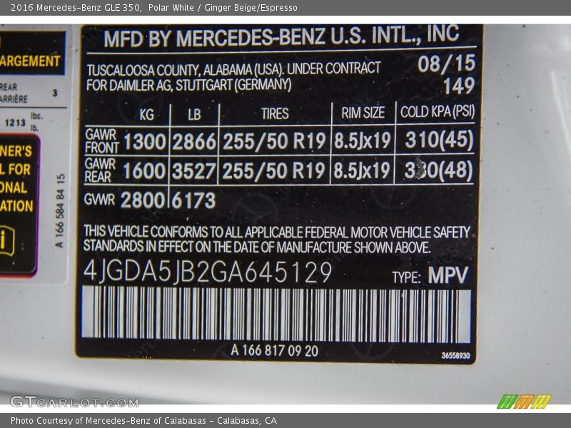 Polar White / Ginger Beige/Espresso 2016 Mercedes-Benz GLE 350