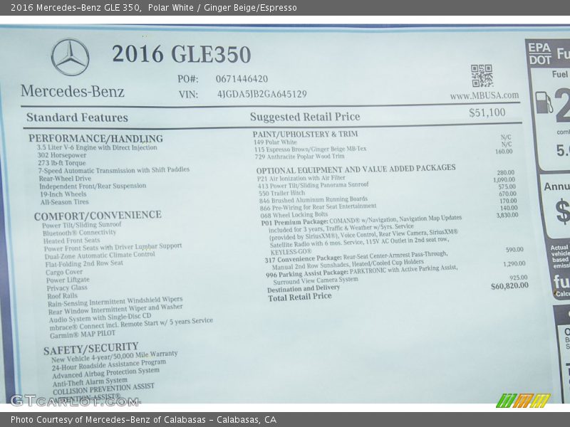  2016 GLE 350 Window Sticker