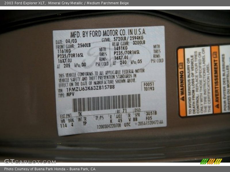 Mineral Grey Metallic / Medium Parchment Beige 2003 Ford Explorer XLT