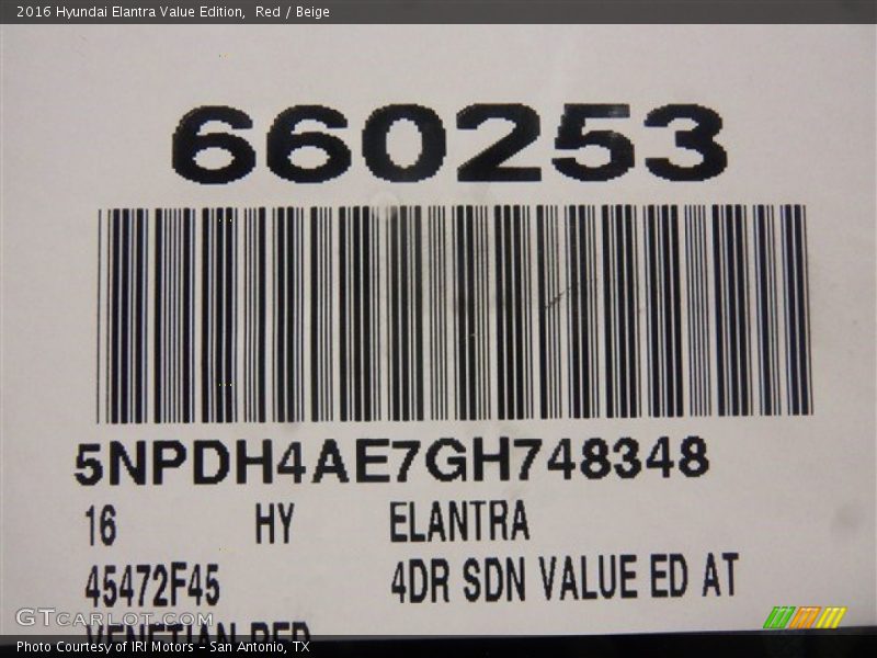 Red / Beige 2016 Hyundai Elantra Value Edition