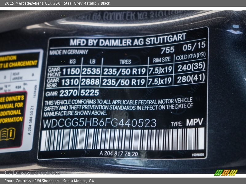 Steel Grey Metallic / Black 2015 Mercedes-Benz GLK 350