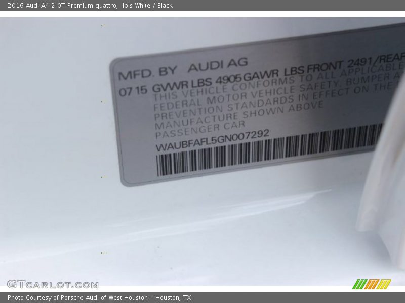 Ibis White / Black 2016 Audi A4 2.0T Premium quattro