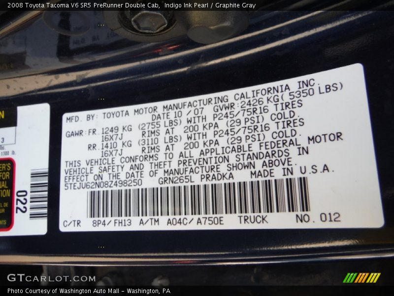 Indigo Ink Pearl / Graphite Gray 2008 Toyota Tacoma V6 SR5 PreRunner Double Cab