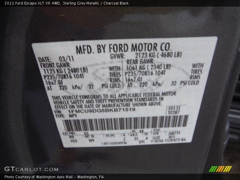 Sterling Grey Metallic / Charcoal Black 2011 Ford Escape XLT V6 4WD
