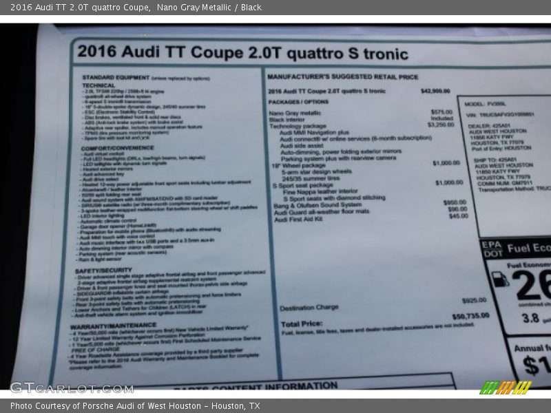  2016 TT 2.0T quattro Coupe Window Sticker