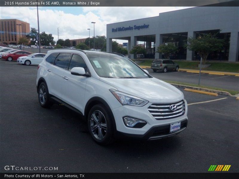 Monaco White / Beige 2016 Hyundai Santa Fe SE AWD