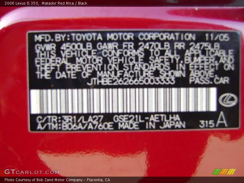 Matador Red Mica / Black 2006 Lexus IS 350