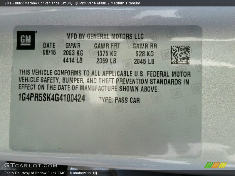 Quicksilver Metallic / Medium Titanium 2016 Buick Verano Convenience Group