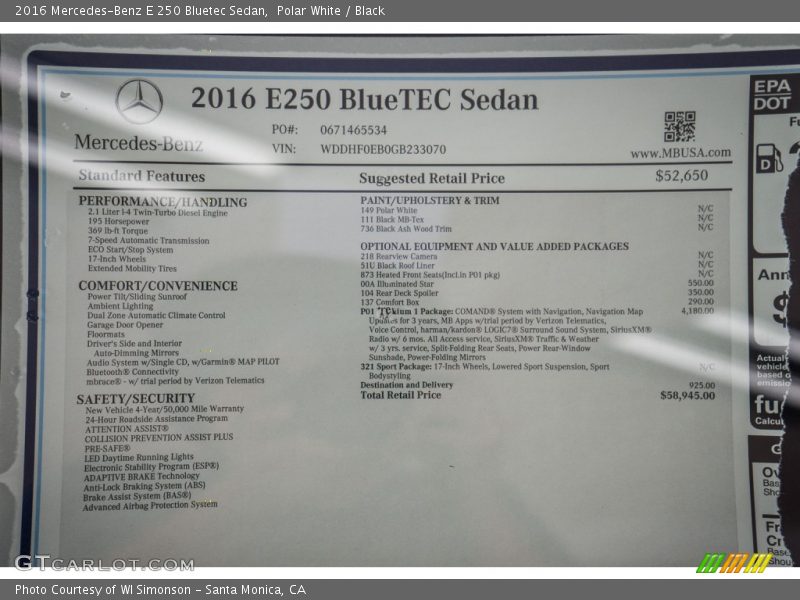  2016 E 250 Bluetec Sedan Window Sticker