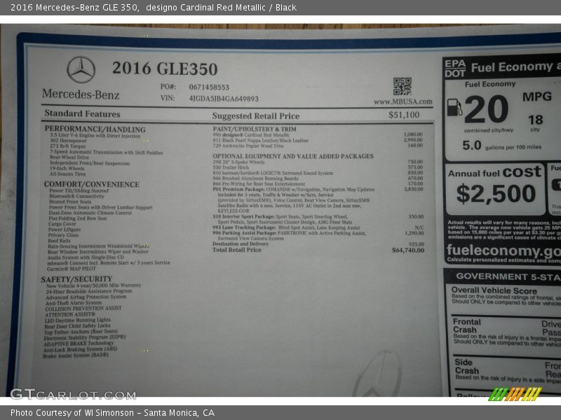  2016 GLE 350 Window Sticker