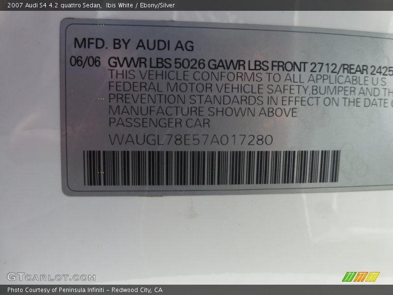 Ibis White / Ebony/Silver 2007 Audi S4 4.2 quattro Sedan