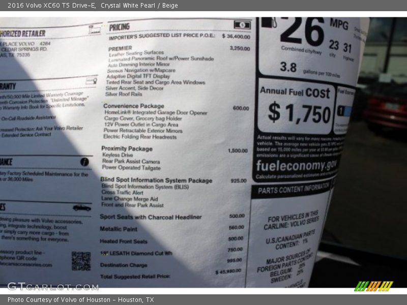Crystal White Pearl / Beige 2016 Volvo XC60 T5 Drive-E