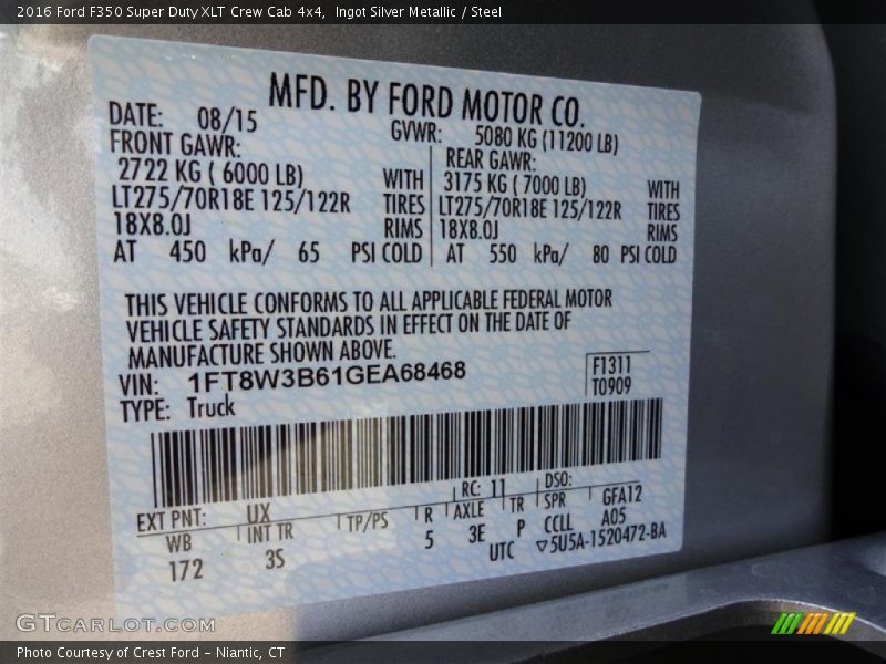 2016 F350 Super Duty XLT Crew Cab 4x4 Ingot Silver Metallic Color Code UX