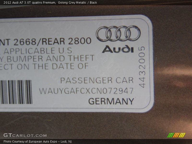 Oolong Grey Metallic / Black 2012 Audi A7 3.0T quattro Premium