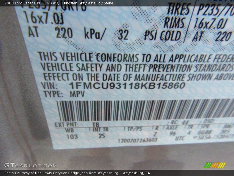 Tungsten Grey Metallic / Stone 2008 Ford Escape XLT V6 4WD