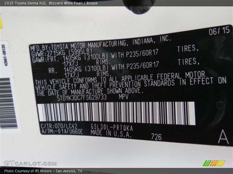 Blizzard White Pearl / Bisque 2015 Toyota Sienna XLE