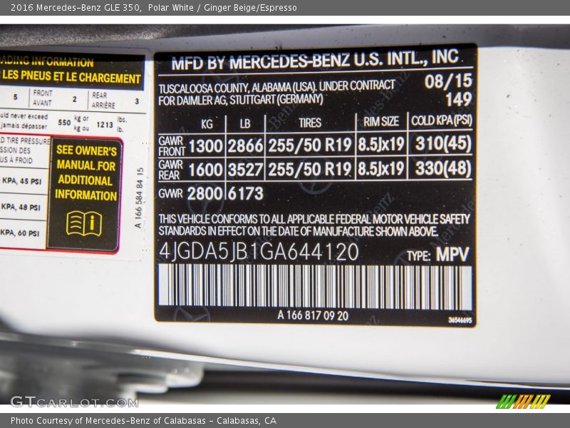 Polar White / Ginger Beige/Espresso 2016 Mercedes-Benz GLE 350