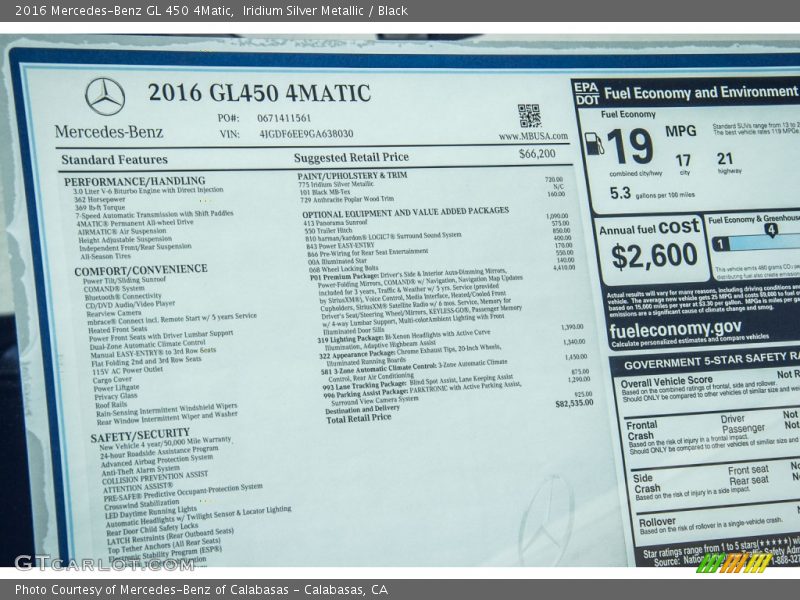 2016 GL 450 4Matic Window Sticker