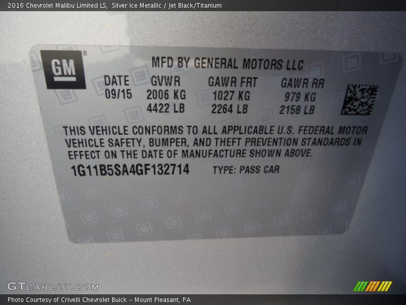 Silver Ice Metallic / Jet Black/Titanium 2016 Chevrolet Malibu Limited LS