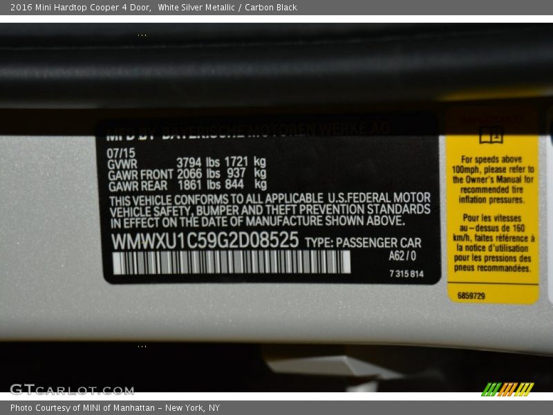 2016 Hardtop Cooper 4 Door White Silver Metallic Color Code A62