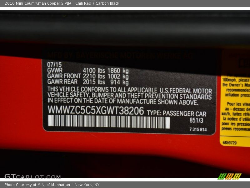 2016 Countryman Cooper S All4 Chili Red Color Code 851